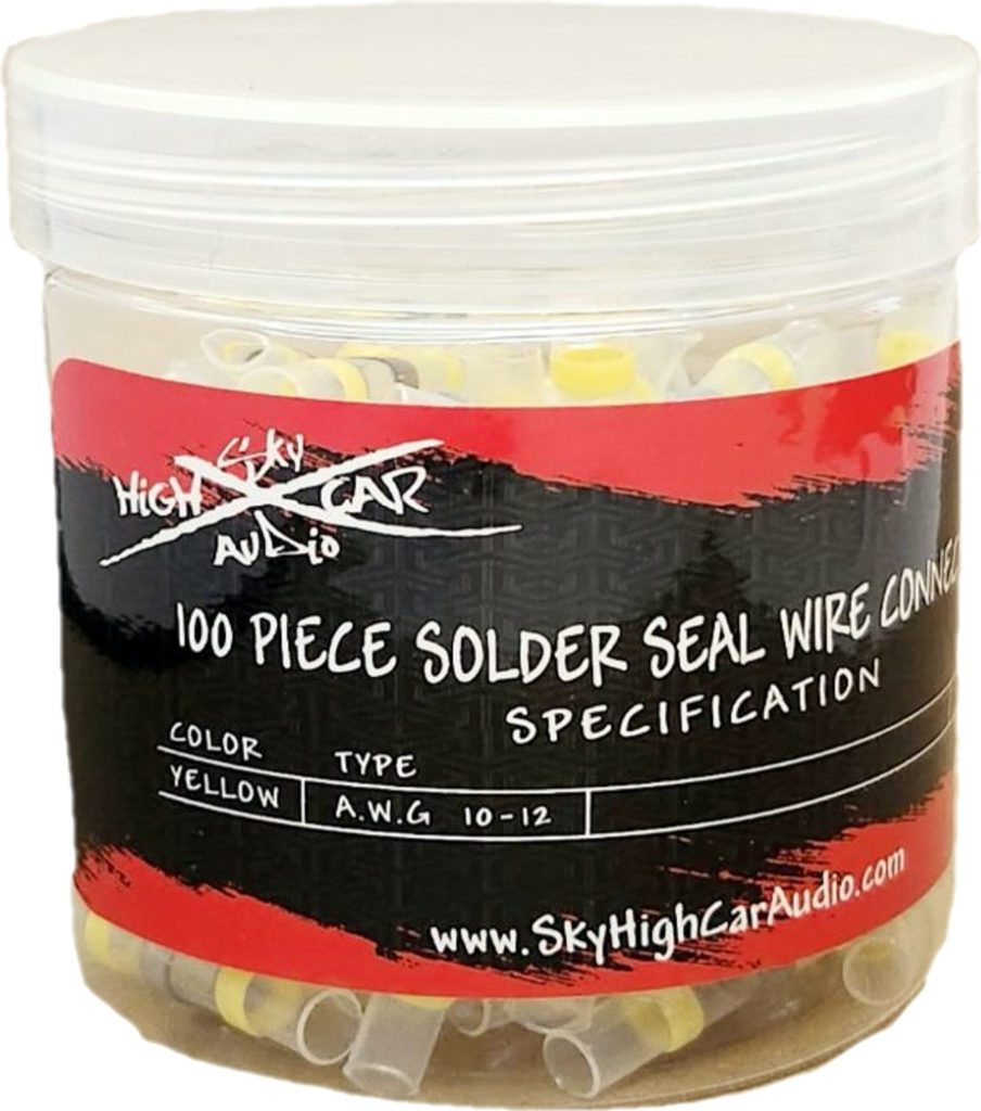 A jar of Sky High Car Audio Solder Seal Wire Connectors 10-12 Gauge 100pc.