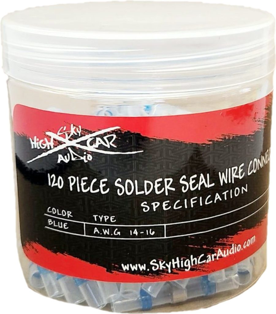 A jar of Sky High Car Audio Solder Seal Wire Connectors 14-16 Gauge 120pc.