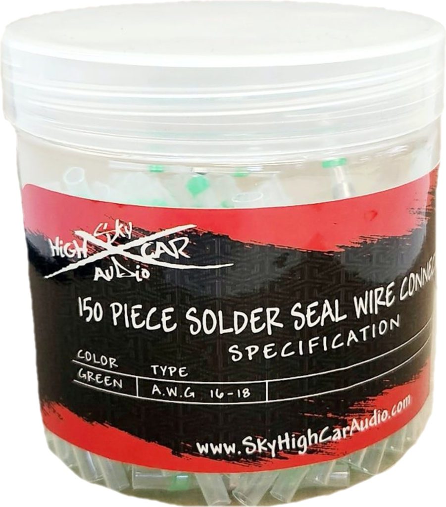 A jar with Sky High Car Audio Solder Seal Wire Connectors 16-18 Gauge 150pc.