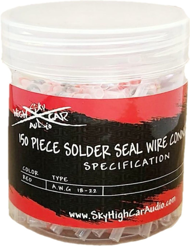 A jar of Sky High Car Audio Solder Seal Wire Connectors 18-22 Gauge 150pc in a plastic container.