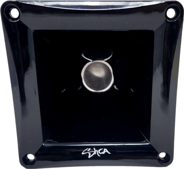 A black Sky High Car Audio DH2 Horn Driver with a metal ring on it.