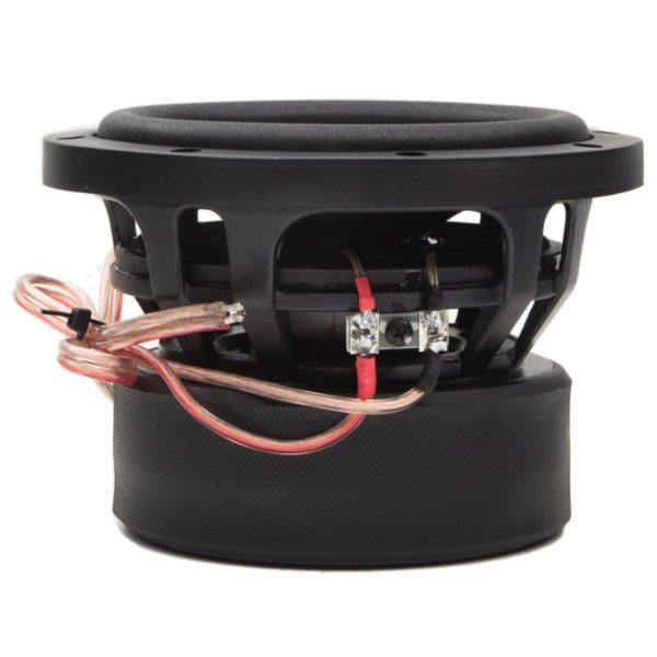 A black subwoofer with wires attached to it.