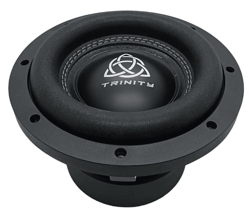 A black Trinity Audio Solutions TAS-M8 8 Inch Subwoofer with a logo on it.