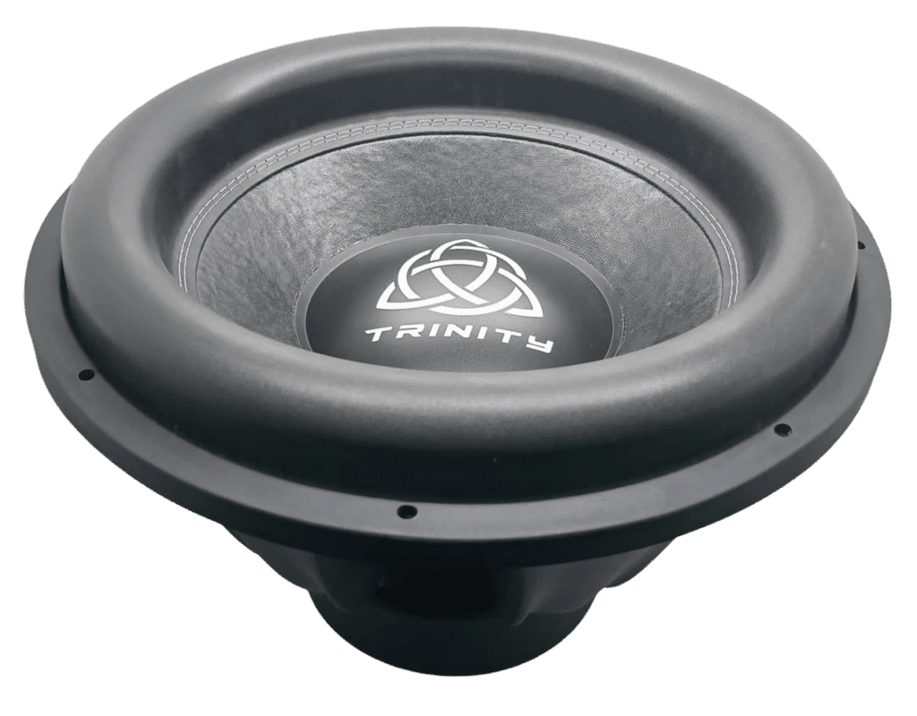A Trinity Audio Solutions TAS-M18 18 Inch Subwoofer with a black logo on it.