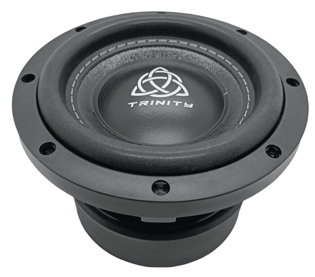 A black Trinity Audio Solutions TAS-M65 6.5 Inch Subwoofer with a logo on it.