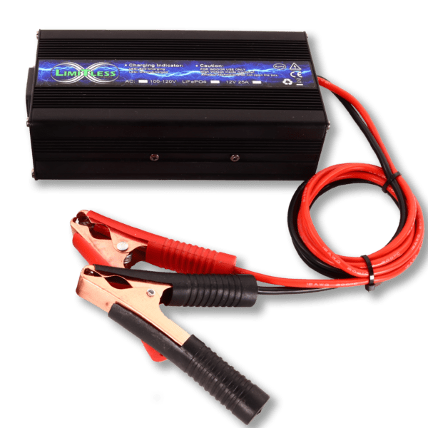 A Limitless Lithium 25 Amp 12V Charger with a jumper cable attached to it.