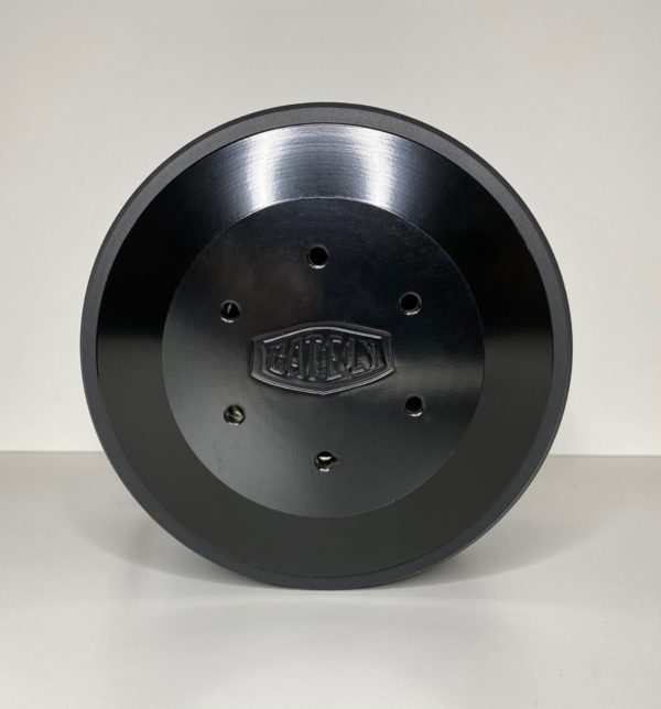 A Gately Audio Relentless 8 Inch Subwoofer with holes on it on a white surface.