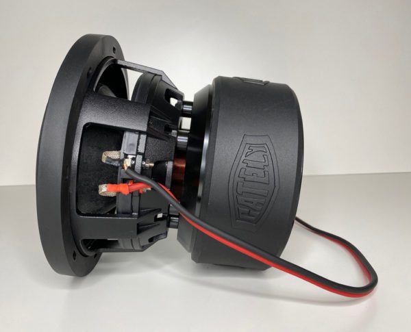 A Gately Audio Relentless 8 Inch Subwoofer with a red wire attached to it.