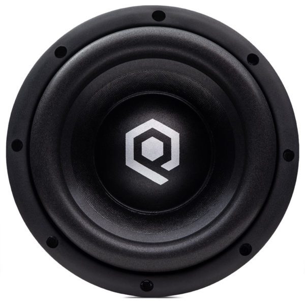 A black Soundqubed HDS2 8 Inch Subwoofer with the q logo on it.