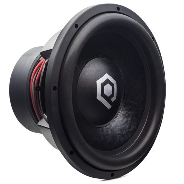 A Soundqubed HDX3 15 inch subwoofer with a black cone on a white background.