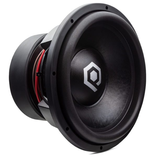 A Soundqubed HDX4 12 Inch Subwoofer with a black cone on a white background.