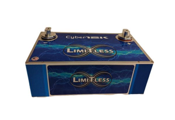 A blue box with the word Limitless Lithium Cyber 12 V2 on it.