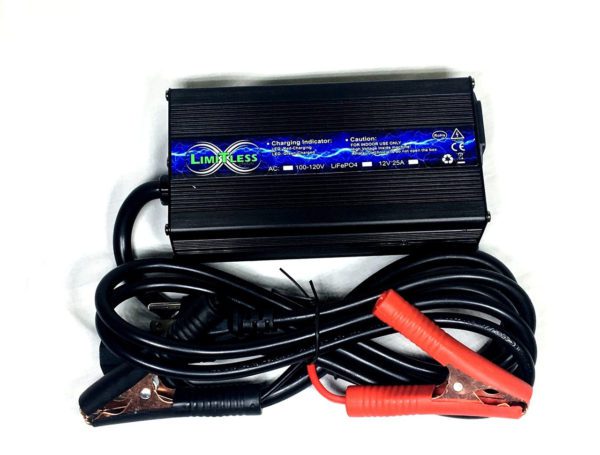 A Limitless Lithium 25 Amp 12V Charger inverter with a charger attached to it.