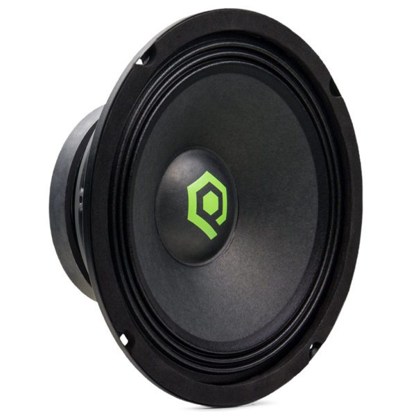 A black Soundqubed 8 Inch Pro Audio Midrange (Pair) with a green logo on it.