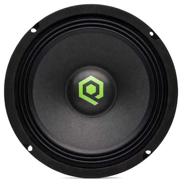 A Soundqubed 8 Inch Pro Audio Midrange (Pair) speaker with a green logo on it.