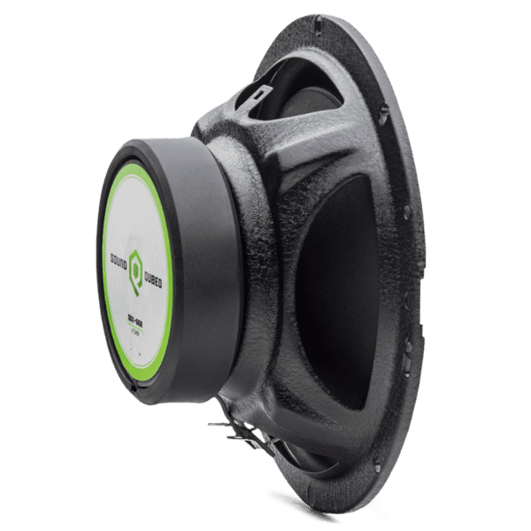 An image of a Soundqubed 6.5 Inch Coaxial Speaker Set with a green logo.