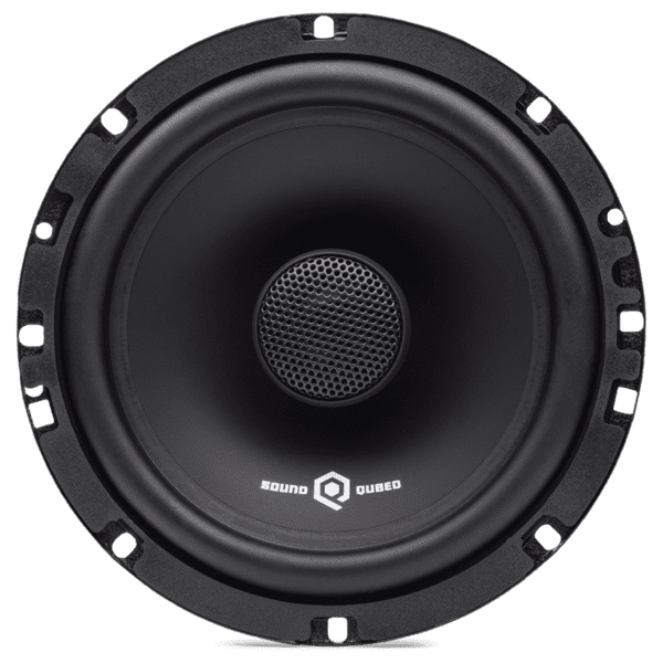 A Soundqubed 6.5 Inch Coaxial Speaker Set with a black cover.