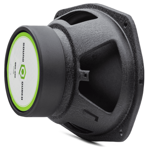 A black Soundqubed 6x9 Inch Coaxial Speaker Set with a green label on it.