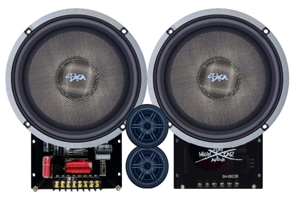 A pair of Sky High Car Audio 2-Way Ferrite 6.5 Inch Component Sets speakers with a subwoofer.