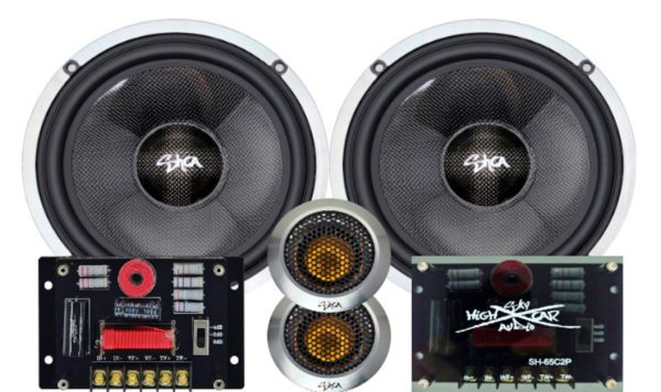 A pair of Sky High Car Audio 2-Way Premium Neo 6.5 Inch Component Set car speakers with a white background.