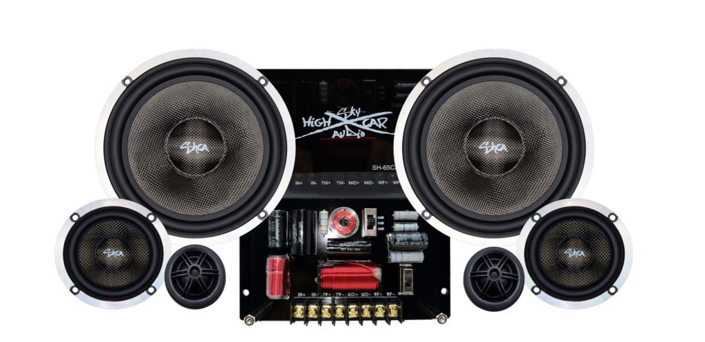 A Sky High Car Audio 3-Way Ferrite 6.5 Inch Component Set and a subwoofer on a white background.