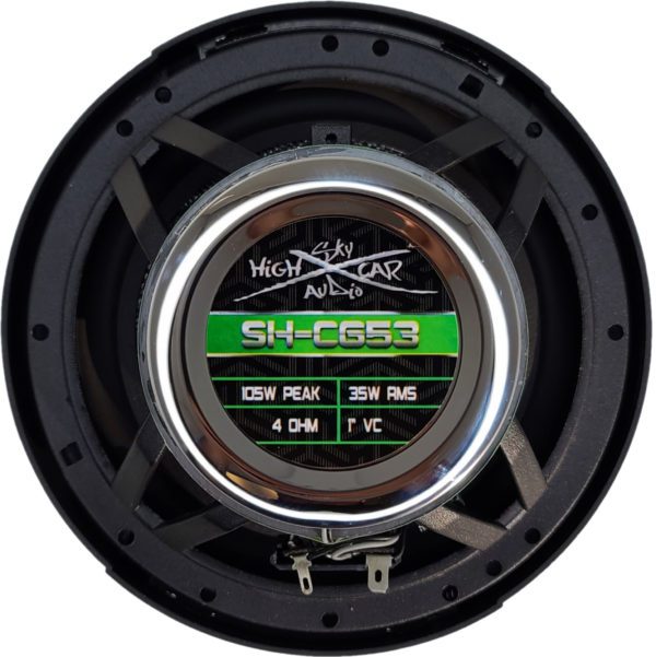 An image of a Sky High Car Audio C653 6.5 Inch Premium Coaxial Speaker Set with a green logo on it.