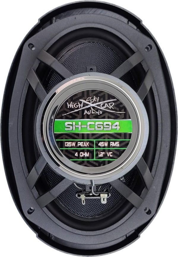 A Sky High Car Audio C694 6x9 Inch Premium Coaxial Speaker Set with a logo on it.