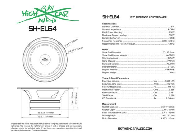 The manual for the Sky High Car Audio EL64 6.5 Inch Pro Audio Midrange/Midbass speaker.
