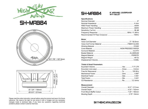 The manual for the Sky High Car Audio MRB84 8 Inch Pro Audio Midrange/Midbass subwoofer.