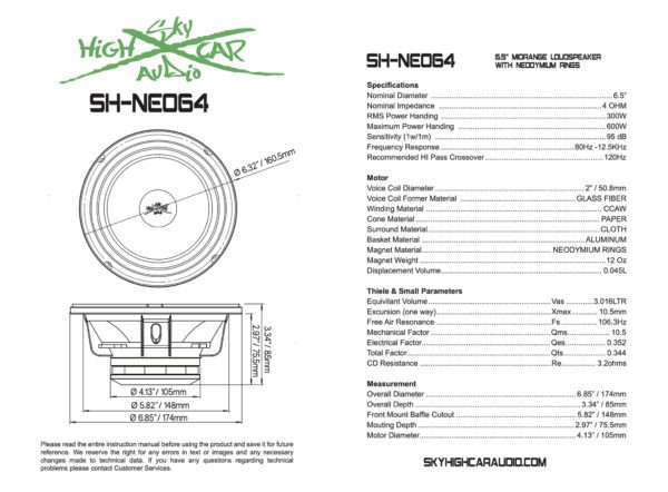 A diagram showing the dimensions of a Sky High Car Audio NEO64 6.5 Inch Neo Pro Audio Midrange/Midbass speaker.