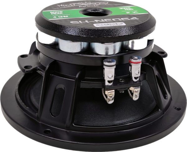 A black Sky High Car Audio NEO64 6.5 Inch Neo Pro Audio Midrange/Midbass with a green cone on top.