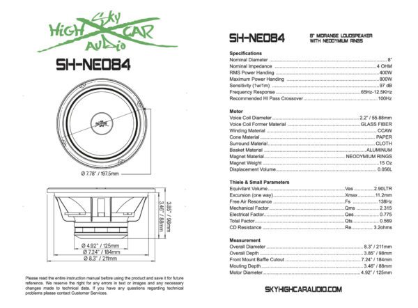 A diagram of a Sky High Car Audio NEO84 8 Inch Pro Audio Midrange/Midbass for a car.