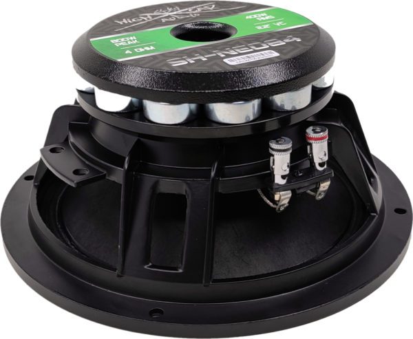 A black Sky High Car Audio NEO84 8 Inch Pro Audio Midrange/Midbass speaker with a green cone on top.
