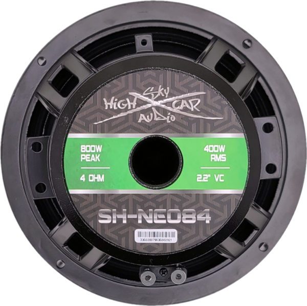 A black and green Sky High Car Audio NEO84 8 Inch Pro Audio Midrange/Midbass speaker with a logo on it.
