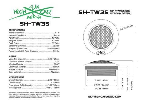 The instructions for the Sky High Car Audio TW3S Neo Titanium Dome Tweeters (Pair).