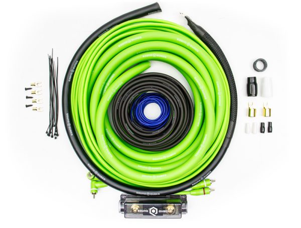 A green and black Soundqubed 1/0 CCA Amplifier Wiring Kit with wires and connectors.
