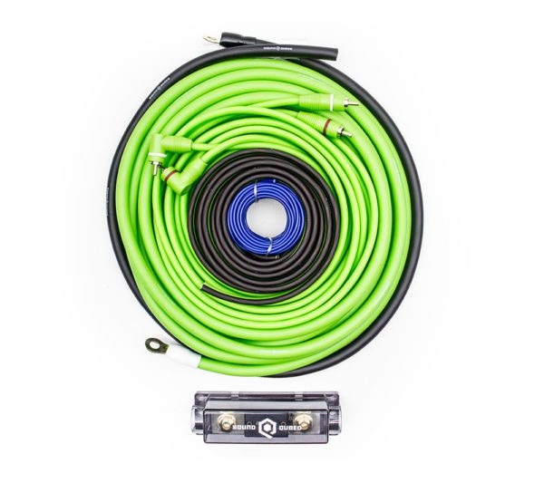 A green Soundqubed 1/0 CCA Amplifier Wiring Kit with a black cord.