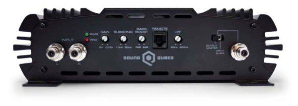 A Soundqubed Q1-2200.2 power supply with two buttons on it.