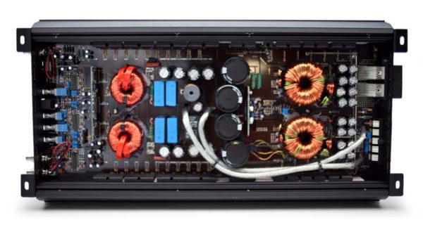 The back of a Soundqubed Q1-2200.2 power supply with red wires.