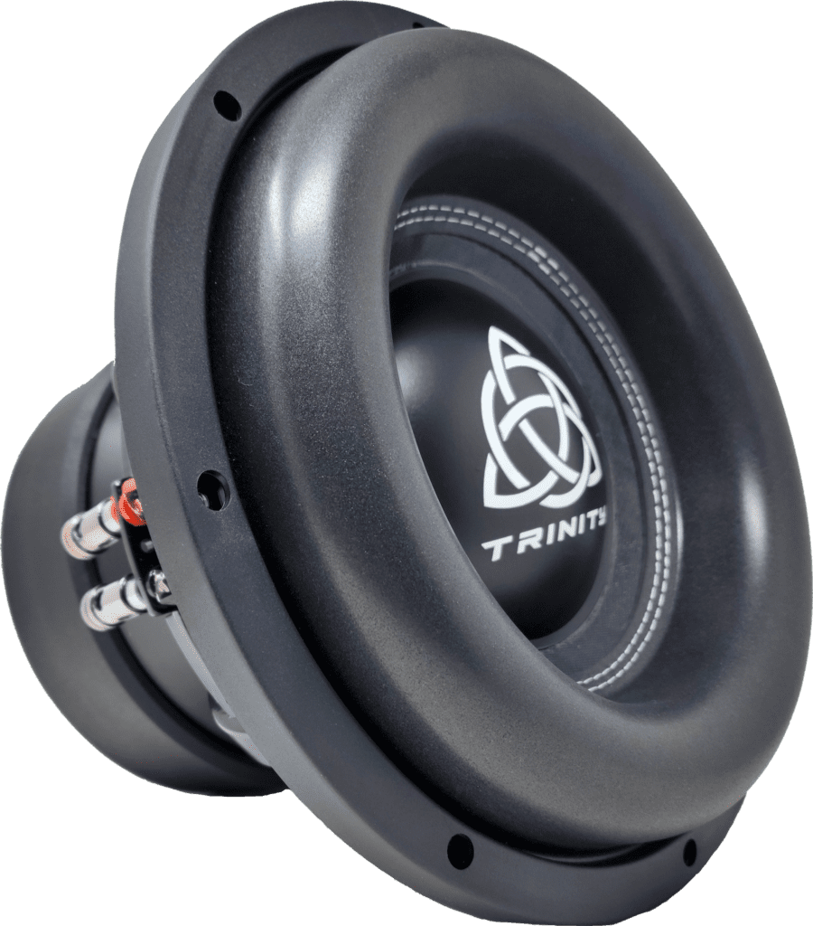 A black subwoofer with a logo on it.