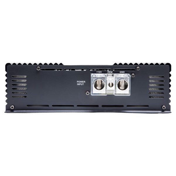 A black Soundqubed U1-1500 Full-Range Monoblock amplifier with two inputs and two outputs.