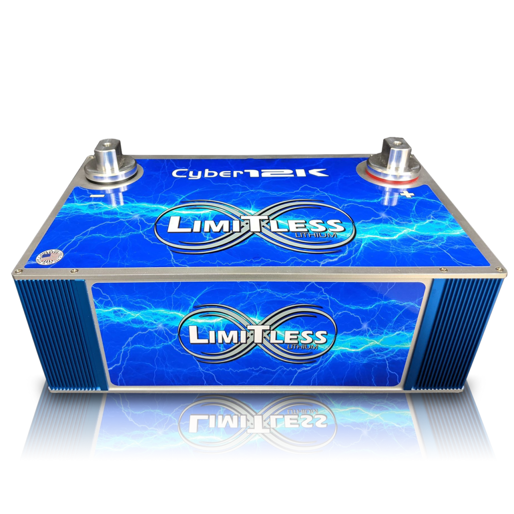 A blue Limitless Lithium Cyber 12 V2 battery with the word limitless on it.
