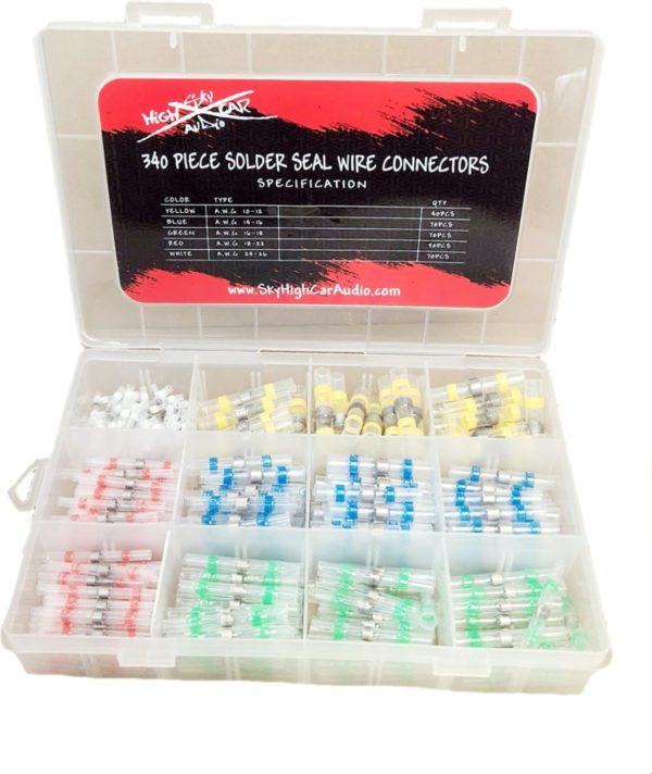 A box containing the Sky High Car Audio Solder Seal Wire Connector Kit 340pc.