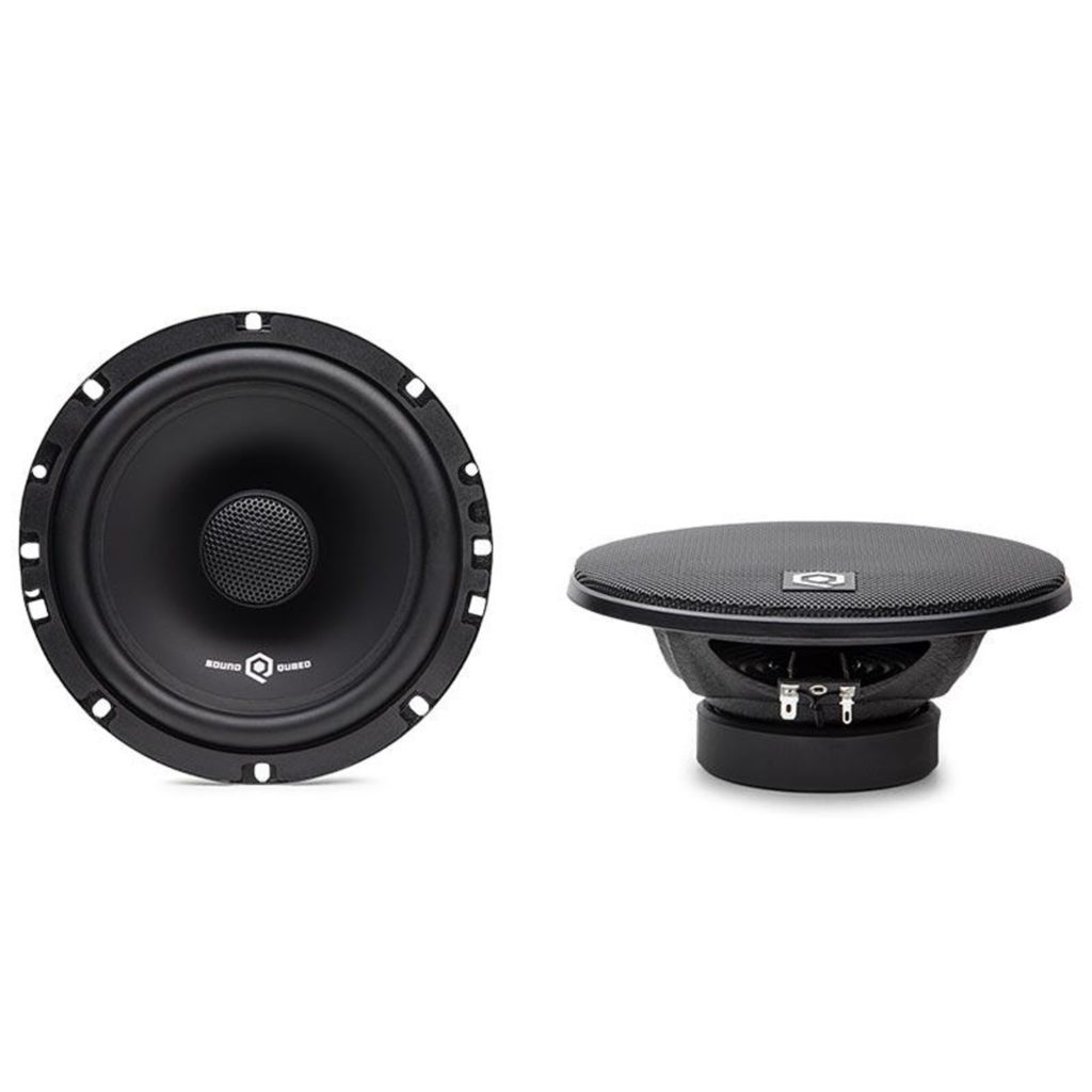 A pair of Soundqubed 6.5 Inch Coaxial Speaker Sets on a white background.