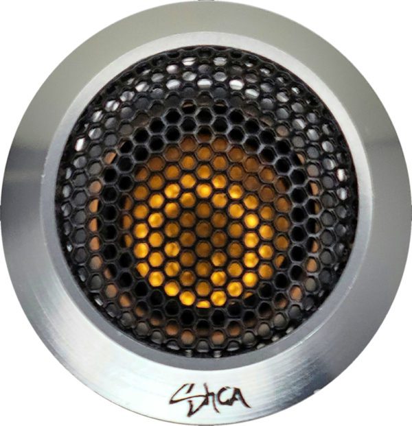 An image of the Sky High Car Audio 3-Way Premium Neo 6.5 Inch Component Set with a yellow light in it.