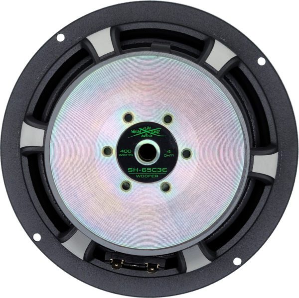 An image of a Sky High Car Audio 3-Way Ferrite 6.5 Inch Component Set with a green disc on it.