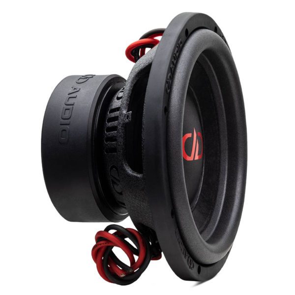 A DD Audio 12" 1100 Series subwoofer with red and black wires.