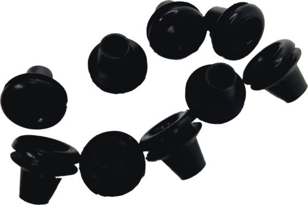 A group of Rubber Grommets 100 pack for 8ga on a white background.