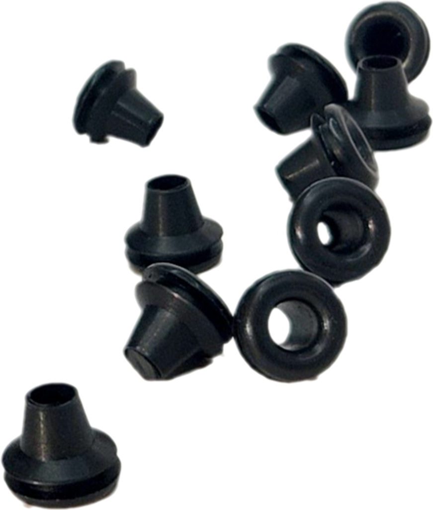A group of black Rubber Grommets 100 pack for 8ga on a white background.