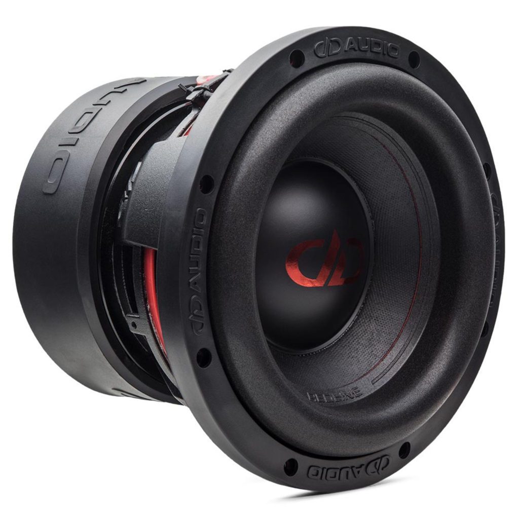 A DD Audio 8" 600 Series subwoofer with a red and black design.